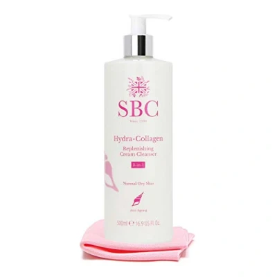 Image of SBC Skincare Hydra Collagen Replenishing Cream Cleanser with Skin Shammy 500ml, Anti Ageing Facial Cleanser, Removes Make Up, Cleanses, Hydrates