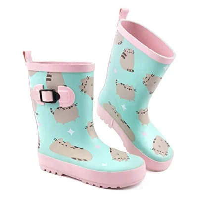 Image of Pusheen Girls Wellies Kids Multicoloured Rain Protection Wellington Boots the Cat Cartoon Water Resistant Rubber Walking Shoes with Strap Buckle Merchandise Gift for Children