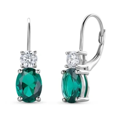 Image of Miore 925 Sterling Silver Earrings for Women with Oval Green Emerald and Brilliant Cut Zirconia Gemstones Drop Ear Piercing Birthstone Jewellery Box Included