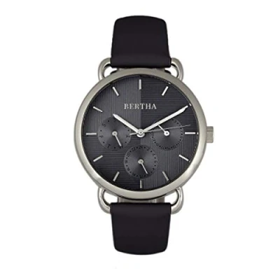 Image of Bertha Womens Gwen Leather Band Watch w/Day/Date Black Stainless Steel One Size