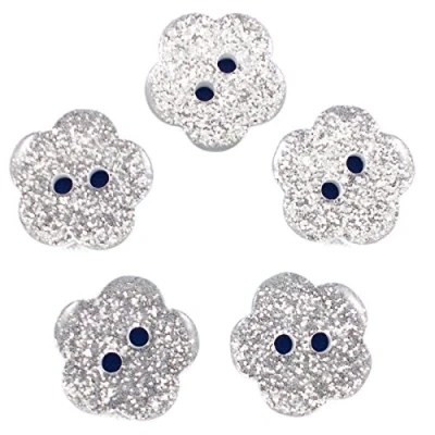 Image of Colour Glitter Flower Shape Buttons 10mm Pack of 5 (Silver)