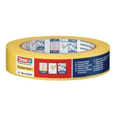 Image of tesa Precision Masking Tape 4334 Plus Pack of 4 Professional with Extra Thin Paper Backing for Particularly Precise and Covering Yellow Each 50 m x 38 mm