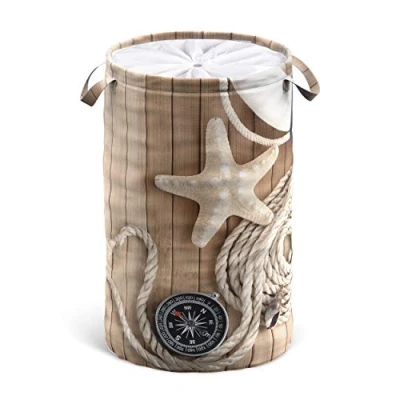 Image of Sanilo Laundry Basket with Lid, Round Storage Container 60 Litres, Foldable Bin Handles (Maritime)