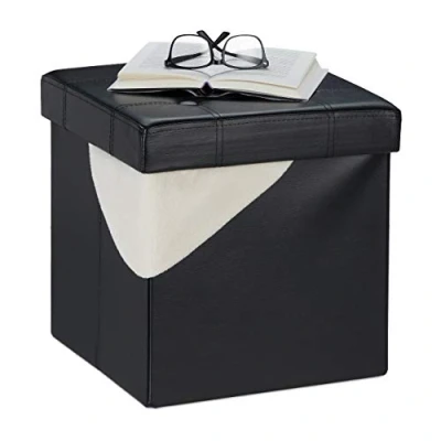 Image of Relaxdays Footstool with Storage Space, Folding Stool Seat, 40 L, Padded, HxWxD: 38 x 37 cm, Faux Leather, Black, Fibreboard