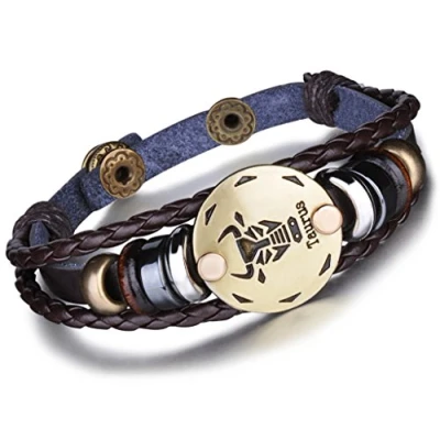 Image of Infinite U Retro Punk Mens Womens 12 Constellation Zodiac Sign Bracelet Braided Leather Alloy Charm Multilayer Wristband Bangle