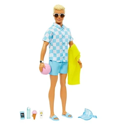 Image of Barbie Blonde Ken Doll with Blue Button Down and Swim Trunks, Visor, Towel Beach Themed Accessories, HPL74