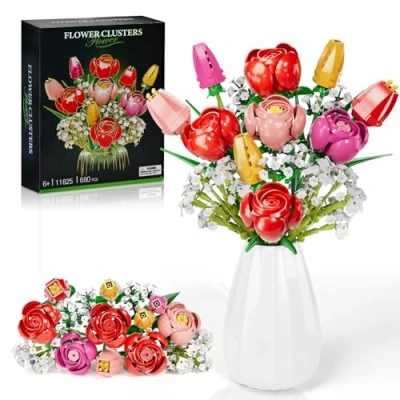 Image of IKIDSUN Flower Bouquet Building Set, Rose Tulips Kit, Roses Artificial Flowers Botanical Collection for Adults, Kids, Gifts Valentine Christmas Mother&#039;s Day