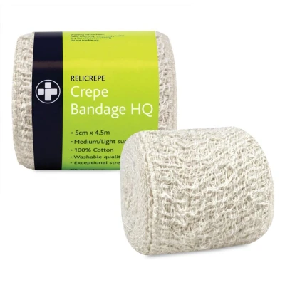 Image of Reliance Medical Relicrepe Crepe Bandage HQ Washable and Stretchable, Suitable for Treating Sprains, Strains Minor Aches, 100 Percent Cotton, 5 cm x 4.5 m,Pack of 10