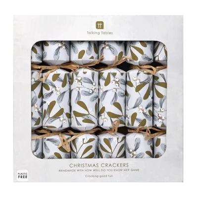 Image of Talking Tables 6 x Christmas Crackers with How Well do You Know me Game, Party Hat, Botanical Mistletoe White Design Eco Friendly Xmas Tableware, Recyclable