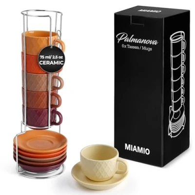 Image of MIAMIO 6 x 75 ml Stoneware Espresso Mug, Cup Set Modern with Stand and Saucers Palmanova Collection (White)