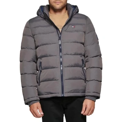 Image of Tommy Hilfiger Men&#039;s Hooded Puffer Jacket Down Alternative Coat, Charcoal, S