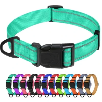 Image of TagMe Reflective Nylon Dog Collars, Adjustable Classic Collar with Quick Release Buckle for Small Dogs, Turquoise, 1.5 cm Width