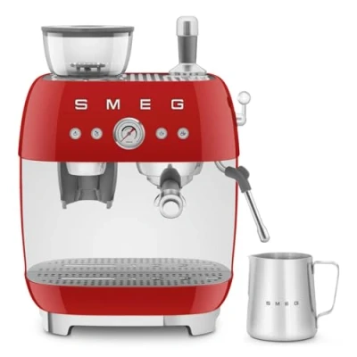 Image of Smeg EGF03RDUK Espresso Coffee Machine, 20 Bar Pump, 2.4L, 1650W with Grinder, Red