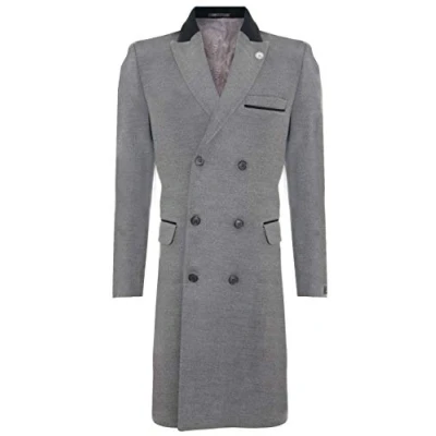 Image of TruClothing Mens 3/4 Grey Long Double Breasted Warm Winter Business Crombie Overcoat Wool Coat 46