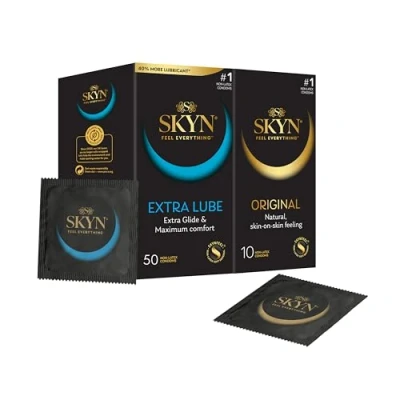 Image of SKYN Extra Lube Condoms Pack of 50 &amp; Original 10 / Skynfeel Latex Free for Men, Regular Size Condoms, Lubricated, Thin Smooth Straight Shape