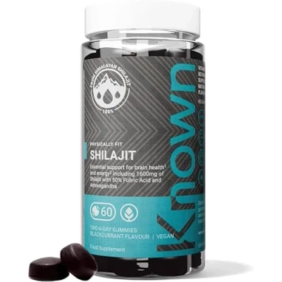 Image of Known 1600 mg Himalayan Shilajit Gummies with Ashwagandha 60 x Two A Day Blackcurrant Flavour 50% Fulvic Acid Energy, Stress Relief &amp; Immune Support Adaptogenic Vegan/Halal