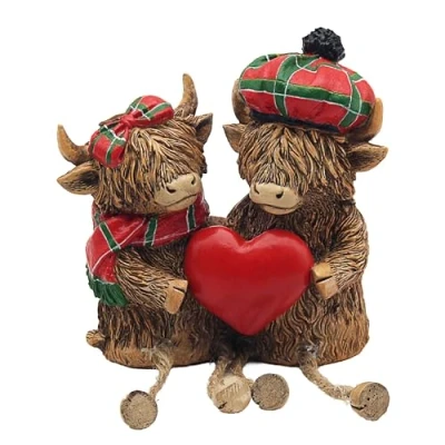 Image of Lesser &amp; Pavey Highland Cow Bronze Effect Ornament with Cute Dangle Legs and Accessories Tartan, Blue, Green Red or Pink Hat, Scarf Bag House Decoration Gift (Tartan)