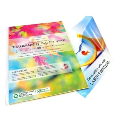 Image of Evergreen Goods 10 Sheets of A4 Glossy Clear/Transparent Vinyl Sticker Paper Laser Printable Labels Self Adhesive Waterproof Ideal for Creating Signs, Labels, and Stickers