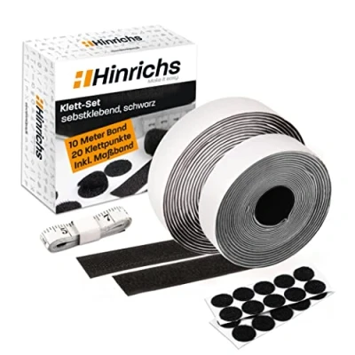 Image of Hinrichs Adhesive Hook and Loop Tape Set Black 1x Self Heavy Duty Double Sided 10m Long 2cm Wide + 20x Points Ã˜ Fastener Sticker