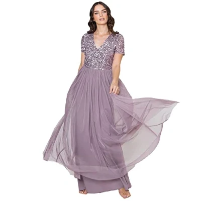 Image of Maya Deluxe Women&#039;s Ladies Dress for Wedding Guest Plus Size Empire High Waist Sequins Short Sleeve Evening Bridesmaid, Moody Lilac, 6