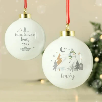 Image of Custom Personalised The Snowman Magical Adventure Ceramic Bauble Christmas Decoration