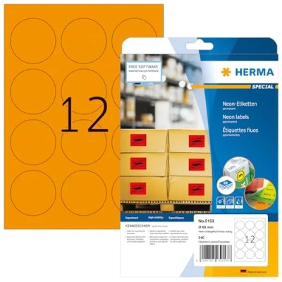 Image of HERMA Self Adhesive Coloured Round Labels, 12 Labels per A4 Sheet, 20 Sheets, Ø 60 mm, 240 Blank Colour Stickers, Sticky Dots for Laser &amp; Inkjet Printer, Neon Orange