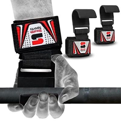 Image of Stealth Sports Weight Lifting Hooks Straps Non Slip Rubber Coated 8MM Neoprene Padded Weightlifting Wrist Wraps Support For Exercise Gym Workout Powerlifting Chin Pull Up Fitness Deadlift