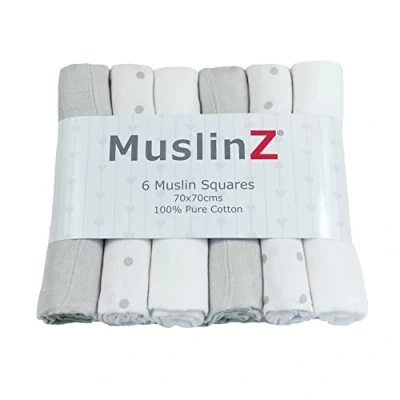 Image of MuslinZ 6 pack 100% pure soft cotton Muslin Squares Baby Burp Cloths in Plain, White and Polka Dot Mix 70x70cms Perfect for Newborns (6 Pack, Grey Combo)