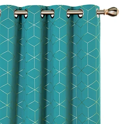 Image of Deconovo Eyelet Curtains, Energy Saving Gold Diamond Printed Thermal Insulated Blackout Curtains for Bedroom, 52 x 54 Inch(Width Length), Turquoise, One Pair