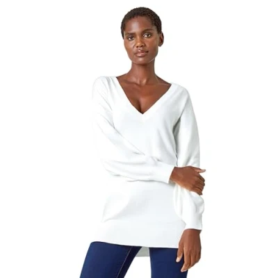Image of Roman Originals V Neck Jumper for Women UK Ladies Boyfriend Fit Slouch Sweater Winter Autumn Textured Casual Flattering Knit Pullover Knitwear Daywear Lightweight Lounge Ivory Size 18
