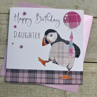 Image of WHITE COTTON CARDS DAUGHTER PUFFIN BIRTHDAY CARD, HAND FINISHED (S348 D)