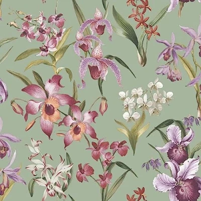 Image of SOPHIE LAURENCE Floral Orchid Wallpaper Purple Pink Green Exotic Tropical Leaves Stylish, Washable, Strippable Paste The Paper Feature