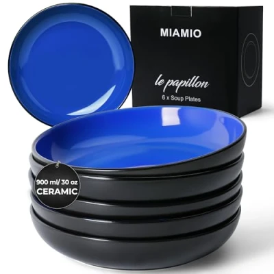 Image of MIAMIO 900 ml / 22 cm Set of 6 Pasta Bowls/Salad Bowls, Plates Wide and Shallow Bowl, Large Ceramic Stoneware Deep Plate Serving Soup, Microwave Dishwasher Safe Le Papillon (Blue)