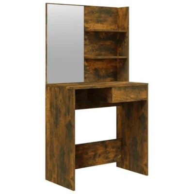 Image of vidaXL Modern Dressing Table Smoked Oak, Engineered Wood, Mirror, Ample Storage, 74.5x40x141 cm Ideal for Bedroom Makeup and Beauty Routine