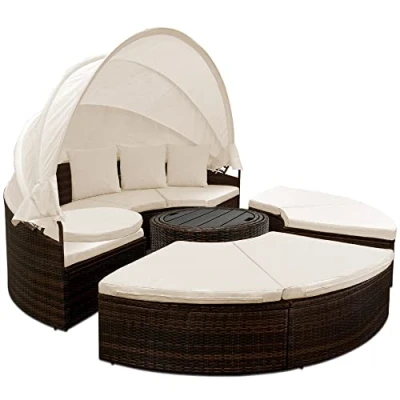 Image of CASARIA® Poly Rattan Sun Island 185cm Foldable Canopy WPC Extendable Side Table Weatherproof lounger DayBed 7cm Thick Cushions 3 Pillows Outdoor Garden Patio Furniture Set Brown Cream