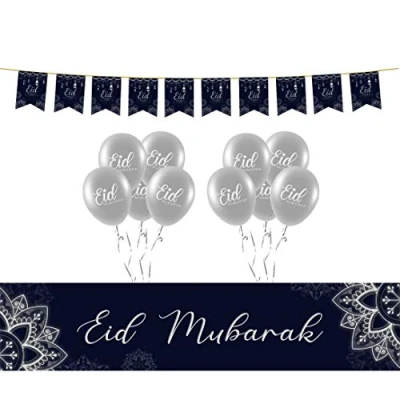Image of Mubarak Happy Eid Decoration Set Kit Bunting Banner Hanging Party Decor (Navy &amp; Silver)
