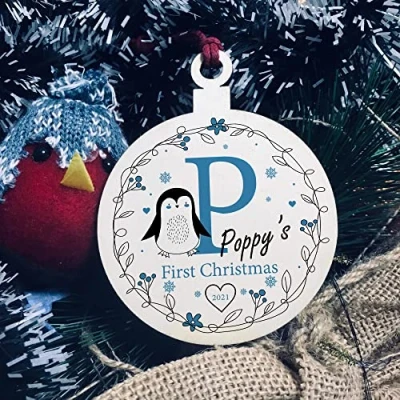Image of Babys 1st First Christmas Bauble Personalised Wood Tree Decoration Baby Girl Boy Gift
