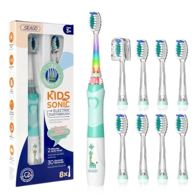 Image of Seago Kids Electric Toothbrush, Childrens Toddler Toothbrush with 8 Brush Heads, Rainbow LED Light for Junior Boys and Girls Ages 3+, SG 977(Green)