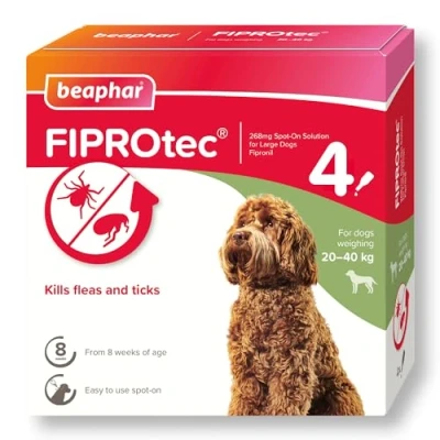Image of Beaphar FIPROtec Spot On for Large Dogs (2040kg) Kills Fleas &amp; Ticks Vet Strength Treatment 4 Pipettes