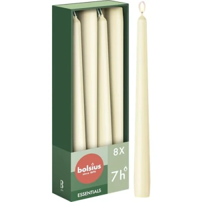 Image of Bolsius Tapered Candles Ivory 8 Pack 24.5 cm Decorative Household Burning Time of 7 Hours Unscented Includes Natural Vegan Wax Without Palm Oil