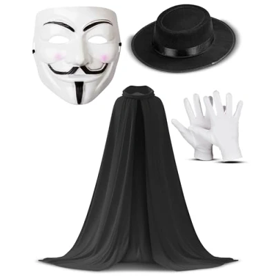 Image of Dreamzfit Adult Anonymous Hacker Guy Fawkes V for Vendetta Costume Kit Black Hooded Cape, Mask, Hat &amp; White Gloves Men Women Halloween Fancy Dress Outfit
