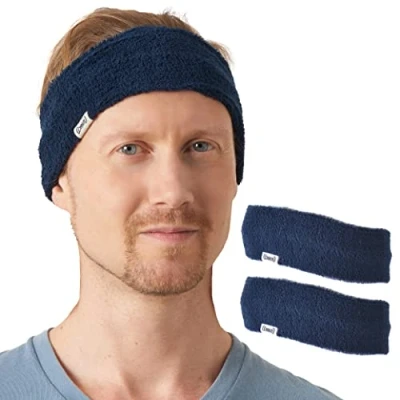 Image of CHARM Mens Sports Headband 2 pack Towel Bandana Sweat Wicking Pair Active Wear Navy