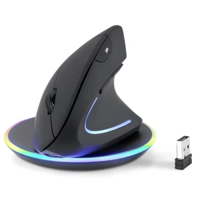 Image of perixx PERIMICE 713RX Wireless Rechargeable Vertical Mouse, Duo Wired and Charging, 6 Buttons, Right Handed, Black