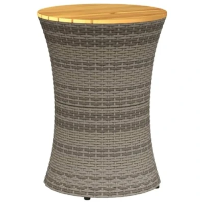 Image of vidaXL Grey Poly Rattan and Solid Acacia Wood Drum Shaped Garden Side Table Weather Resistant Patio with Robust Steel Frame, Easy to Assemble