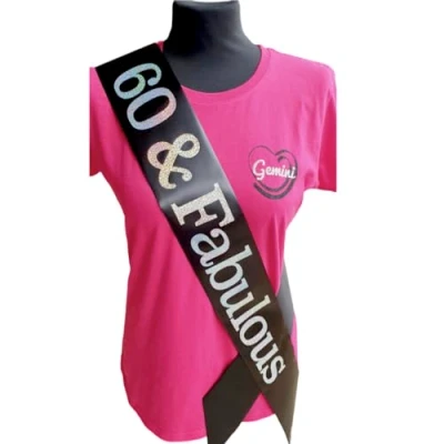 Image of 60th Birthday Sash 60 &amp; Fabulous Beautiful Quality Black Ribbon and Holographic Silver Font