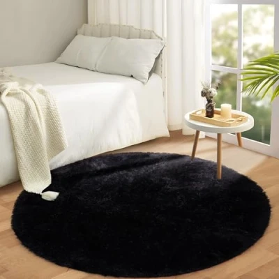 Image of Aspire Homeware Round Rugs Living Room Black Area 120x120cm for Bedroom Anti Slip Modern Super Soft Thick Pile Small Fluffy Shaggy Rug Non Shedding