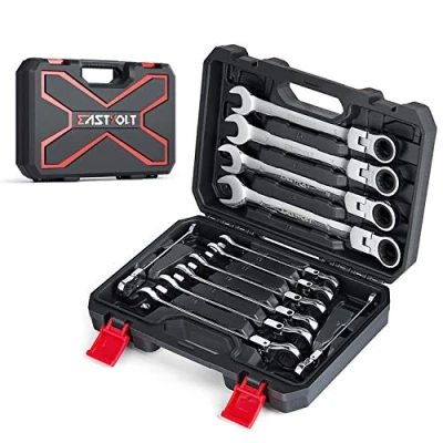 Image of Eastvolt 12 Piece Ratcheting Wrench Set, Metric 8mm 19mm Flex Head Spanner Wrench, Chrome Vanadium Steel with Toolbox, EVHT1201