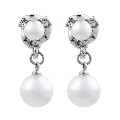 Image of Clip On Earrings Silver Plated Drop With Rhinestone Crystals And Pearls Harper