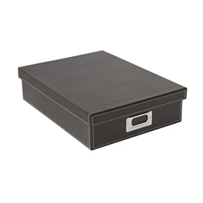 Image of OSCO Brown Faux Leather A4 Box with Lid Filing Paperwork Organiser Document Storage H8.5 x W25 D33.5 cm