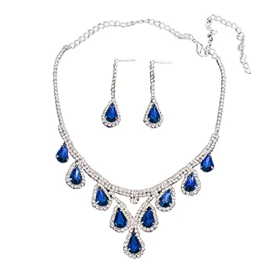 Image of QKEPCY Wedding Bridal Jewellery Set for Women Crystal Teardrop Statement Necklace and Dangle Earrings Silver Rhinestone Gifts Engagement Bridesmaid Party Dress Prom (Blue)